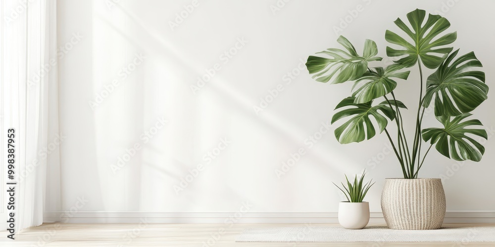 A serene indoor space featuring decorative plants in stylish pots against a minimalist backdrop. A serene indoor space featuring decorative plants in stylish pots against a minimalist backdrop.
