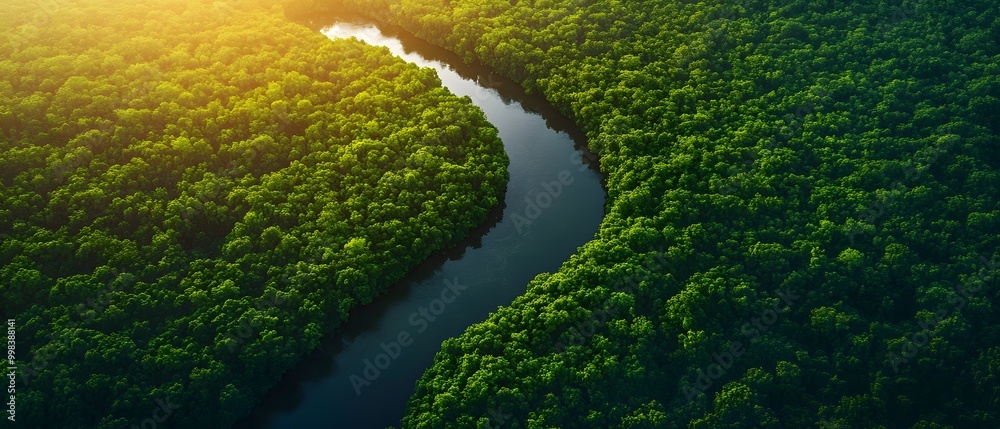 Aerial photography of a summer landscape with a quiet river surrounded by lush green trees, with clear sky reflecting on the water surface. Suitable for advertising for a eco-tourism campaign. 