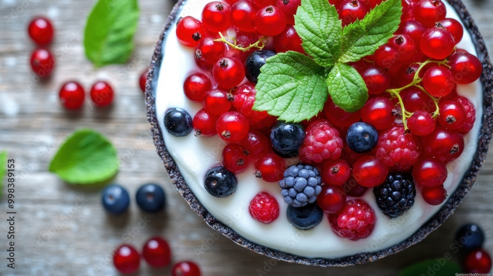 Fresh mixed berries in bowl with yogurt on wooden table Fresh mixed berries in bowl with yogurt on wooden table