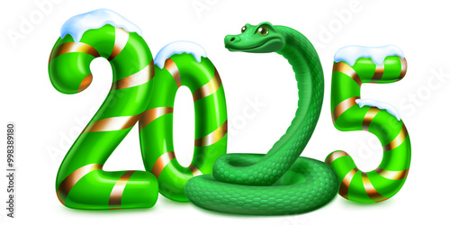 Large green stylized number 2025 sprinkled with snow on top, with a festive Christmas design reminiscent of a candy cane, and a green snake instead of 2, with soft shadow, on a white background.