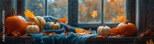 An autumnthemed still life with a pile of decorative gourds and pumpkins, surrounded by sweaters and falling leaves photo