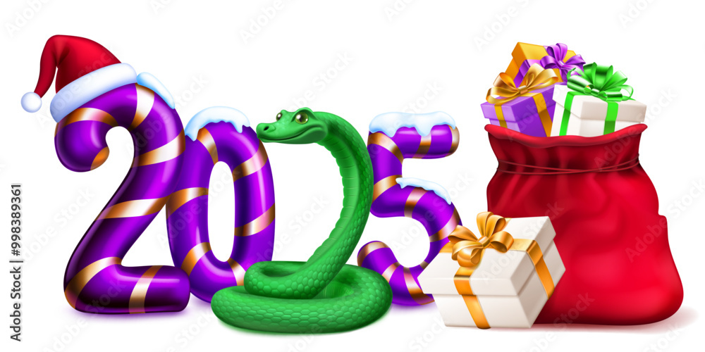 Obraz premium Large purple stylized number 2025 sprinkled with snow on top with a festive Christmas candy cane design, with a green snake, a Santa hat and bag of gifts, with soft shadows on a white background.