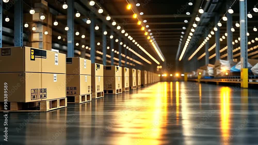A row of neatly stacked cardboard boxes on pallets, illuminated by overhead warehouse lights, with conveyor belts in the background A row of neatly stacked cardboard boxes on pallets, illuminated by overhead warehouse lights, with conveyor belts in the background