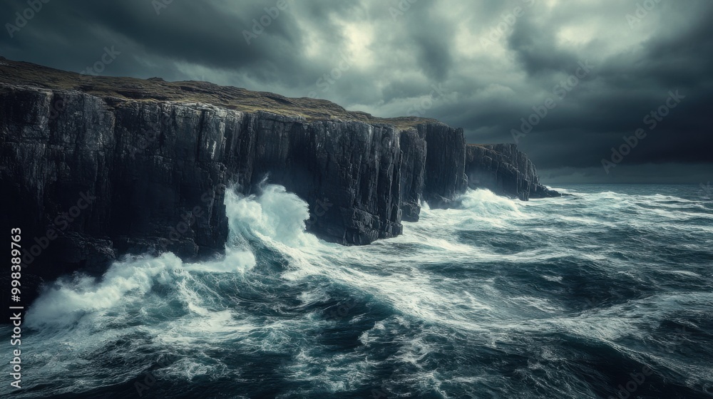 Rugged Rocky Coastline with Crashing Waves and Cliffs Under a Stormy Sky Rugged Rocky Coastline with Crashing Waves and Cliffs Under a Stormy Sky