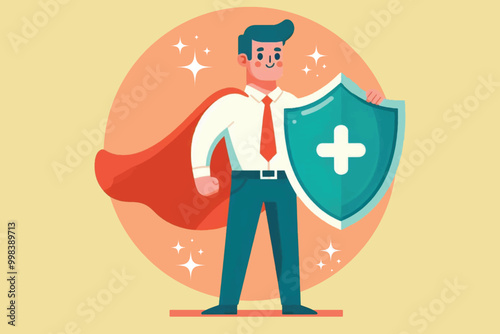 Businessman standing proudly with shield ready to protect company security and secrets