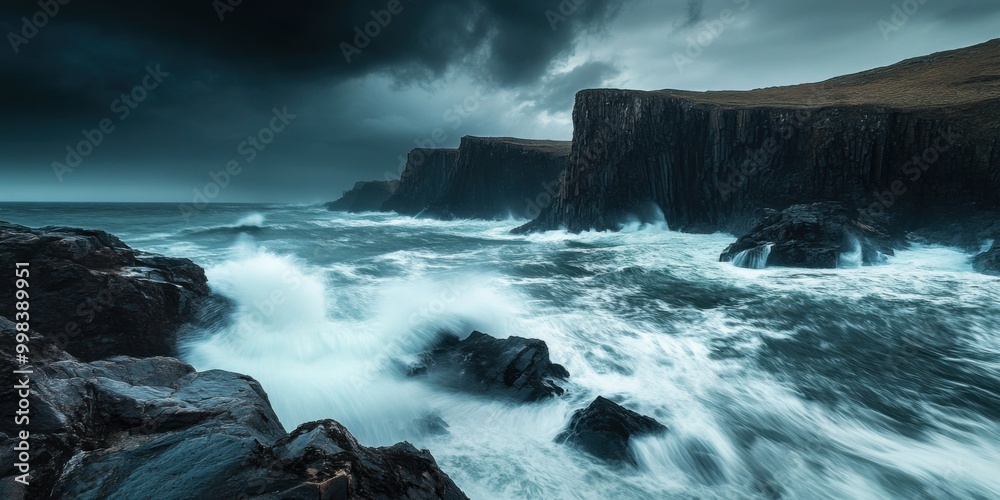 Rugged Rocky Coastline with Crashing Waves and Cliffs Under a Stormy Sky Rugged Rocky Coastline with Crashing Waves and Cliffs Under a Stormy Sky