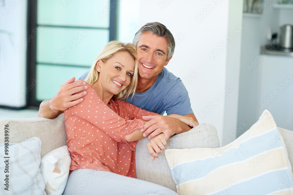 Portrait, mature couple and hug at house with care, marriage commitment and healthy relationship. Happy, woman and man with love for embracing, gratitude or bonding together of loyalty in living room Portrait, mature couple and hug at house with care, marriage commitment and healthy relationship. Happy, woman and man with love for embracing, gratitude or bonding together of loyalty in living room