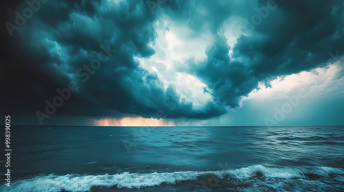 Cloudy storm in the sea before rain. Tornadoes above the sea. Monsoon season. Storm in the sea.Wonder of natural disaster.