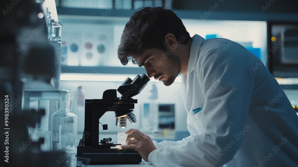 Researcher Examining Samples Under Microscope Researcher Examining Samples Under Microscope