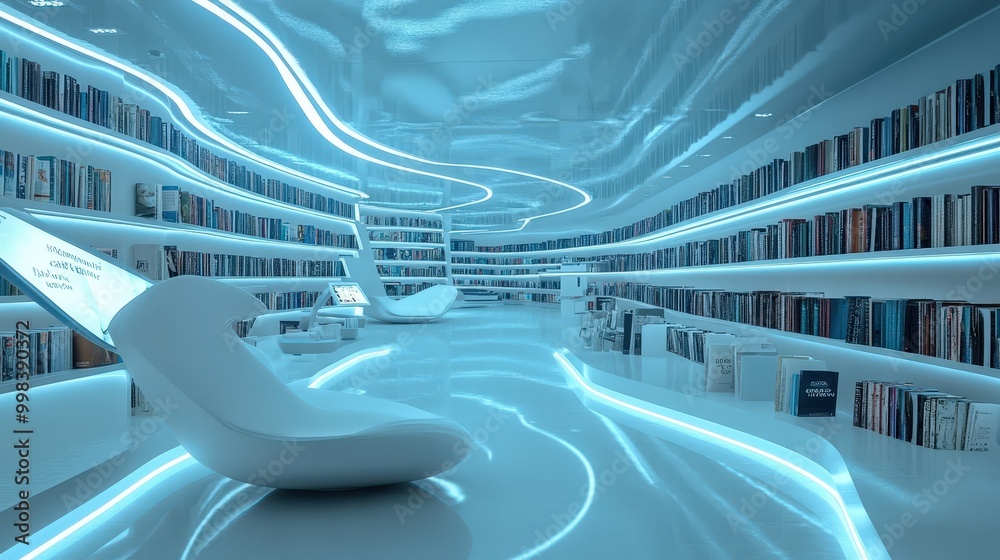 Picture a futuristic library with advanced technology.