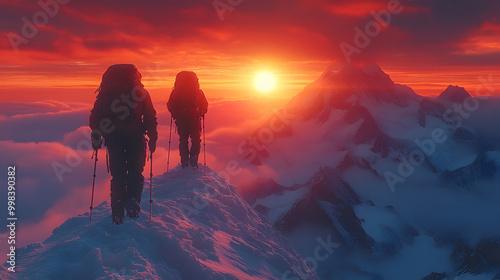 Two Hikers Standing on the Top of a Snowy Mountain Peak 