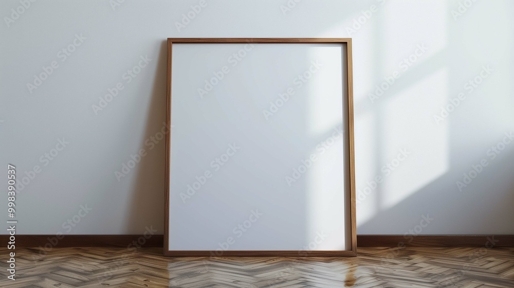 Picture frame mockup on parquet floor. Decorative artwork template leaned on white wall advertising image. Minimalist house interior with drawing mock up product photorealistic Picture frame mockup on parquet floor. Decorative artwork template leaned on white wall advertising image. Minimalist house interior with drawing mock up product photorealistic