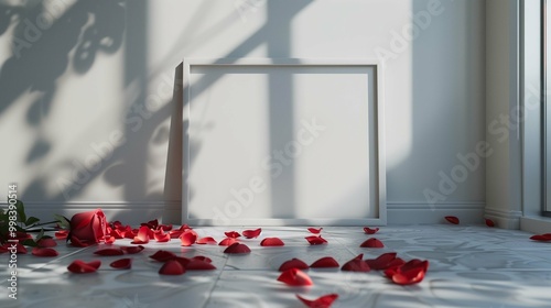 Drawing mockup with frame and red petals on floor. Romantic atmosphere with flowers and photo template advertising image. Picture mock up in room interior product photorealistic