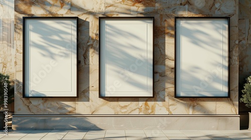 Pictures mockups set on wall of business center. Vertical posters templates in urban block advertising image. Commercial artworks mock ups at downtown product photorealistic