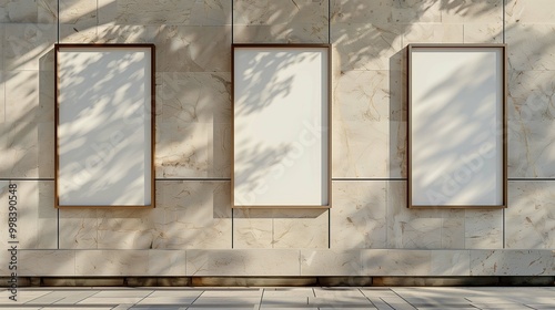 Announcement posters mockup on wall on stone clocks. Business banners templates on city street advertising image. Informative placards mock ups placed on building product photorealistic