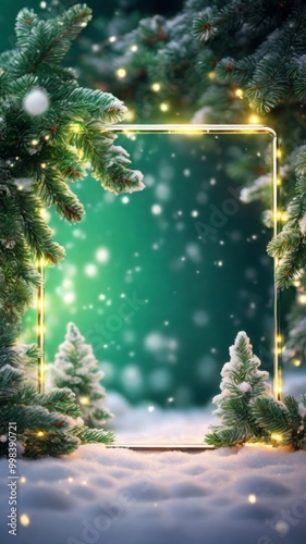 A glowing neon frame in green tones around fluffy Christmas-style fir branches with natural holly leaves and berries, mistletoe, floating luminous snowflakes, an empty space for copying photo