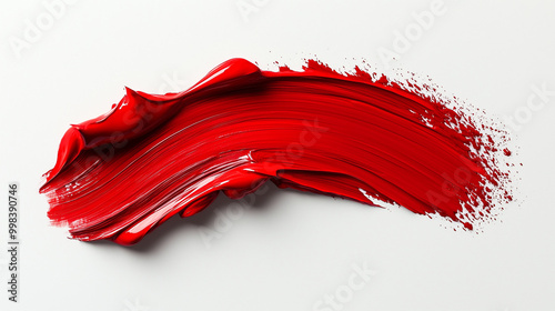 Dynamic Red Brushstroke On White Background Thick Paint Texture With Splatter Effect