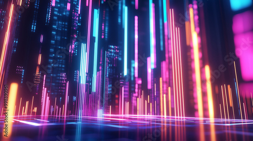 Abstract image of rising and falling stock indices, represented by fluctuating neon bars and graphs, illustrating the dynamic nature of financial markets. This visually striking scene captures the ess