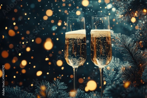 Sparkling champagne glasses with festive bokeh lights photo