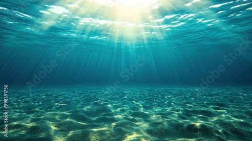 Beneath the ocean surface, light beams break through water, illuminating a tranquil aquatic landscape.