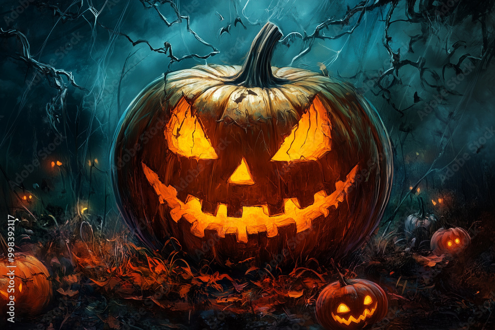 Fototapeta premium Frighteningly Delightful Halloween Pumpkin Glowing in the Dark With Bright, Spooky Faces, Set Amidst an Eerie Atmosphere Surrounded by Autumn Foliage
