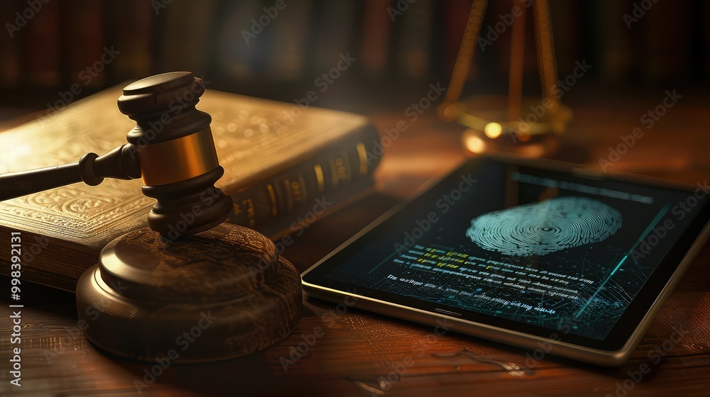 A gavel on an ancient law book with a digital tablet beside it displaying a digital fingerprint, showing the contrast and complement between old and new legal tools. A gavel on an ancient law book with a digital tablet beside it displaying a digital fingerprint, showing the contrast and complement between old and new legal tools.