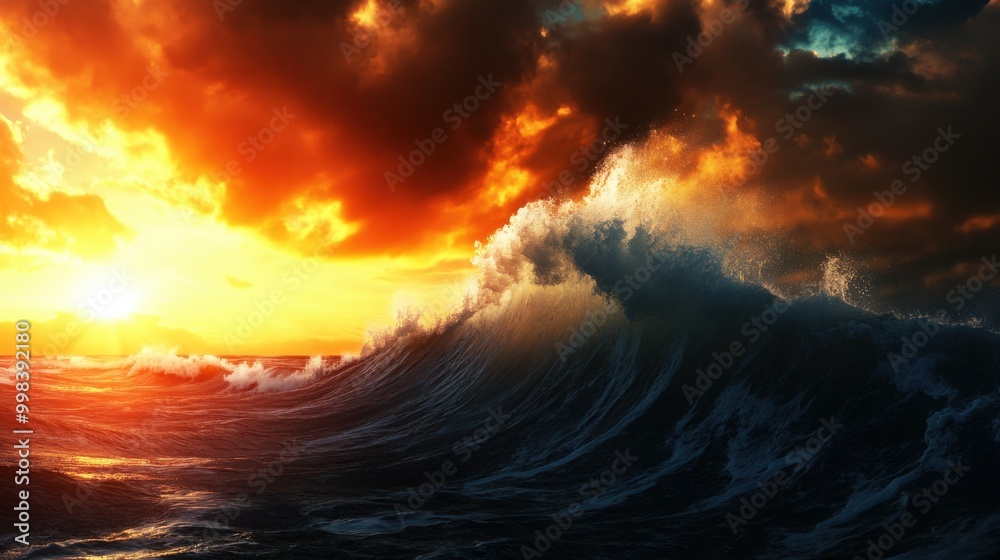 Fototapeta premium Dramatic ocean wave at sunset, illuminated by orange and blue clouds, capturing the beauty of nature.