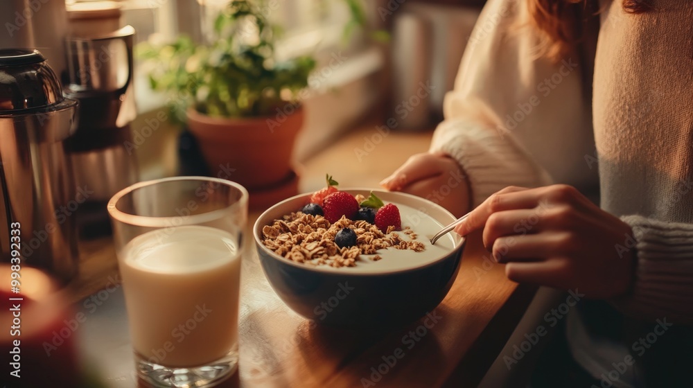 Picture a modern kitchen where a person enjoys a glass of milk with a smoothie bowl Picture a modern kitchen where a person enjoys a glass of milk with a smoothie bowl