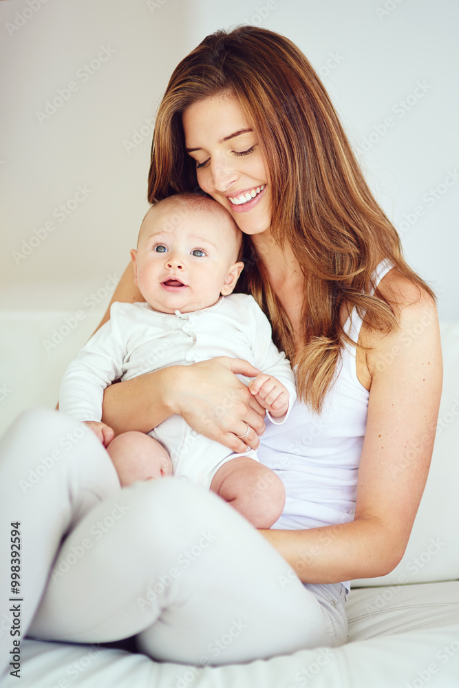 Happiness, relax and baby with mother in bedroom for security, care and safety. Growth, support and love with woman and kid bonding in family home for trust, youth and child development together Happiness, relax and baby with mother in bedroom for security, care and safety. Growth, support and love with woman and kid bonding in family home for trust, youth and child development together