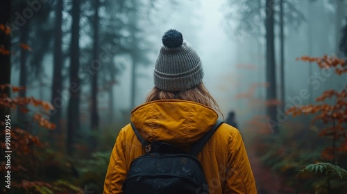 Woman in a yellow jacket exploring a misty forest with autumn orange leaves, evoking a mysterious and serene atmosphere.