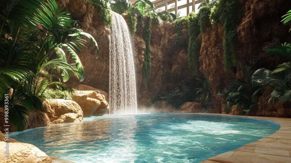 Naklejka premium view of the waterfall in the pool in 3D . AI generated illustration