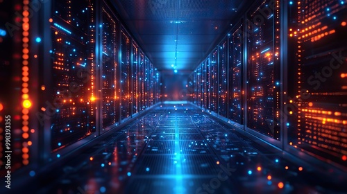 A 3D abstract technology background features concepts of data centers and artificial intelligence, focusing on personal data security and processing.