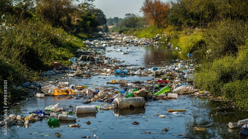 Picture a river covered with an assortment of trash, including plastic bottles, food containers, and other refuse. Picture a river covered with an assortment of trash, including plastic bottles, food containers, and other refuse.