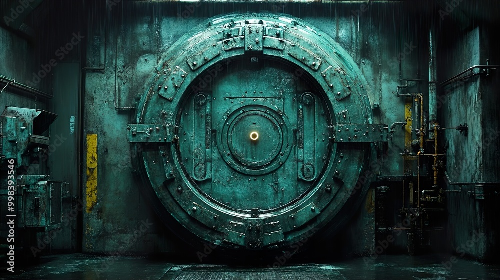 Massive Industrial Door in a Rain-Soaked Building Massive Industrial Door in a Rain-Soaked Building