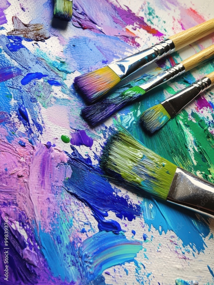 Fototapeta premium Brightly colored paints and brushes rest on a textured canvas, showcasing bold abstract art in progress, highlighting creativity. Generative AI