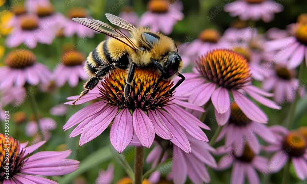 A bee pollinates a pink flower in a vibrant garden setting. A bee pollinates a pink flower in a vibrant garden setting.