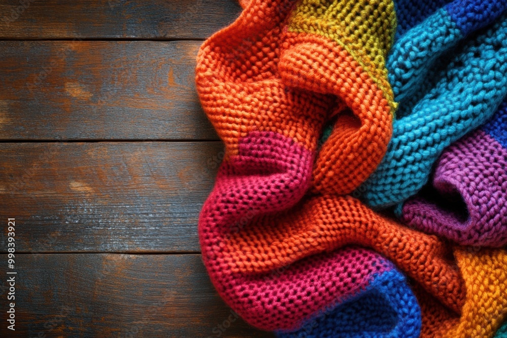Colorful handmade knitted scarf on wooden background Colorful handmade knitted scarf on wooden background