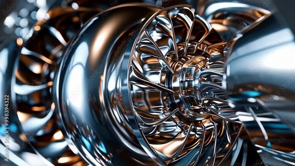 Powerful turbine engine is rotating with shiny chrome blades, showcasing the intricate details and precision engineering of modern machinery