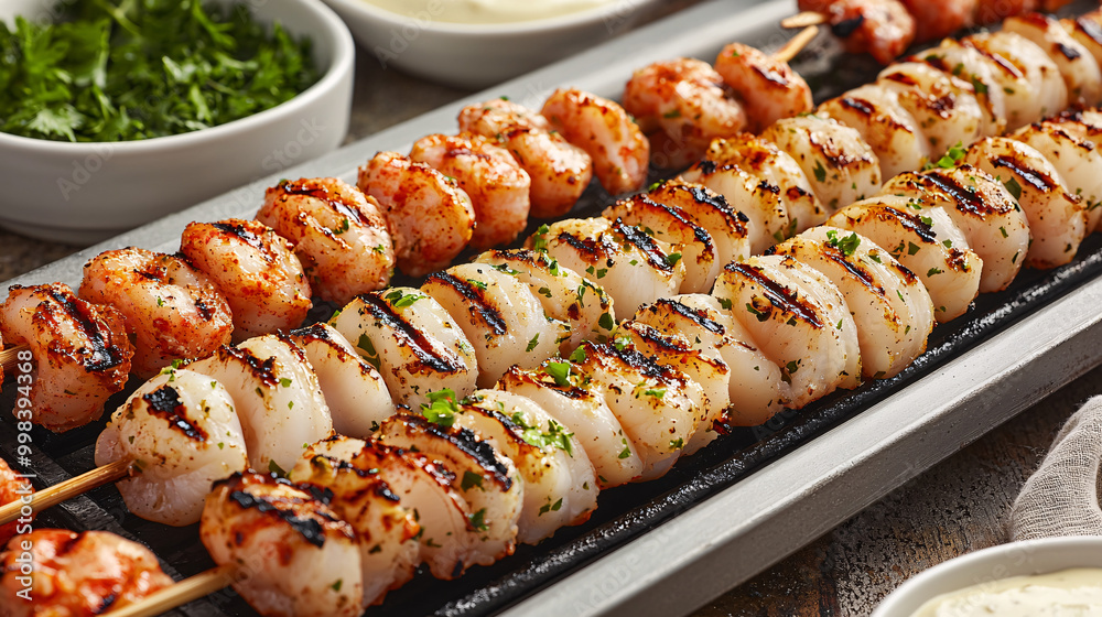 Grilled skewers featuring succulent shrimp and chicken, garnished with herbs, served alongside dipping sauces in a vibrant, appetizing arrangement. Grilled skewers featuring succulent shrimp and chicken, garnished with herbs, served alongside dipping sauces in a vibrant, appetizing arrangement.