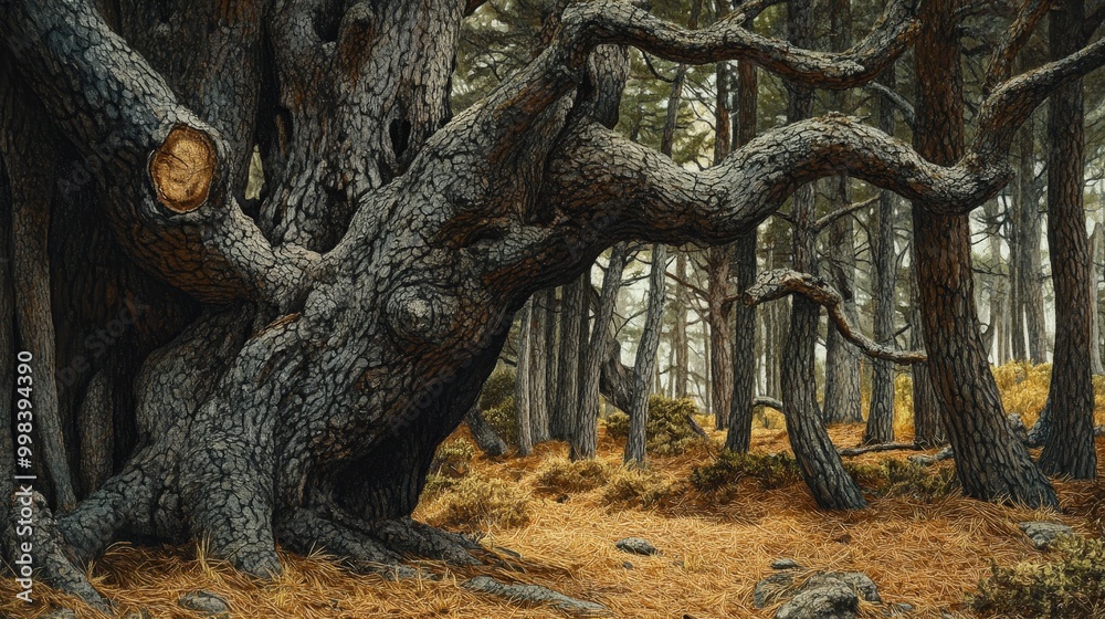 Picture a rugged pine forest with ancient, gnarled trees and a carpet of fallen pine needles Picture a rugged pine forest with ancient, gnarled trees and a carpet of fallen pine needles