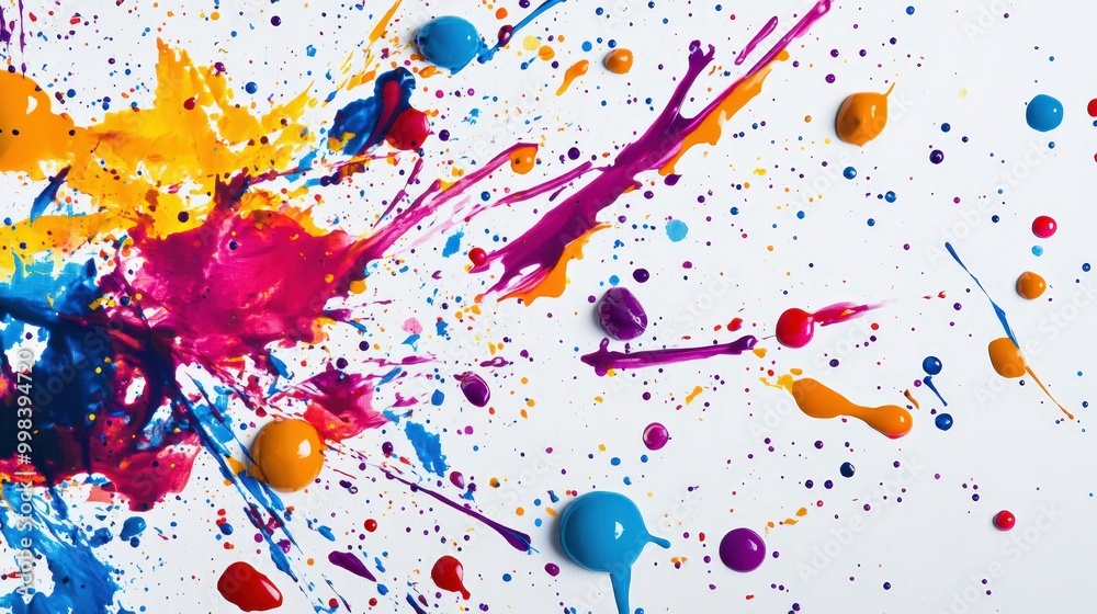 Picture a series of colorful paint splatters on a white surface Picture a series of colorful paint splatters on a white surface