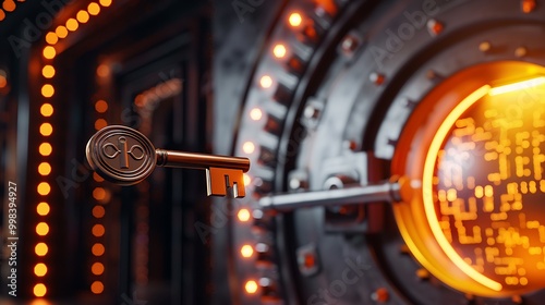 Encrypted digital key hovering in front of a glowing vault photo