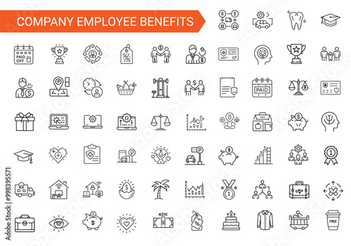 company benefits line drawing themed icon collection, reimbursement education tuition investment