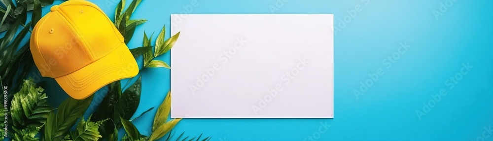 A vibrant tropical background featuring a yellow cap and blank space ideal for summer themes and creative designs. A vibrant tropical background featuring a yellow cap and blank space ideal for summer themes and creative designs.