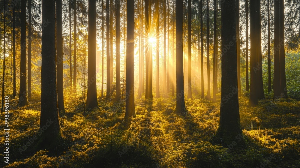 Fototapeta premium Picture a sunlit pine forest with golden rays streaming through the tall, slender trunks.