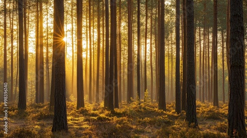 Picture a sunlit pine forest with golden rays streaming through the tall, slender trunks.