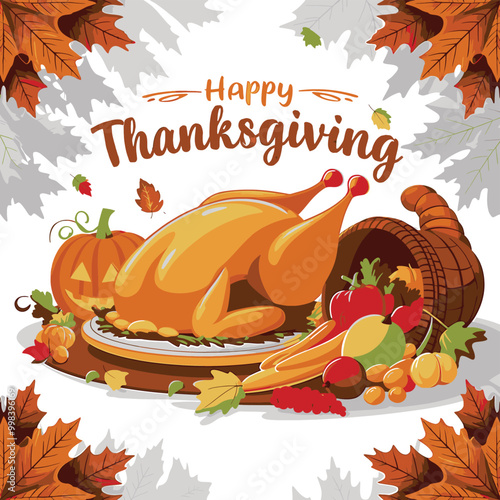 Happy Thanksgiving Roasted Turkey, Autumn Harvest, and Festive Feast Illustration