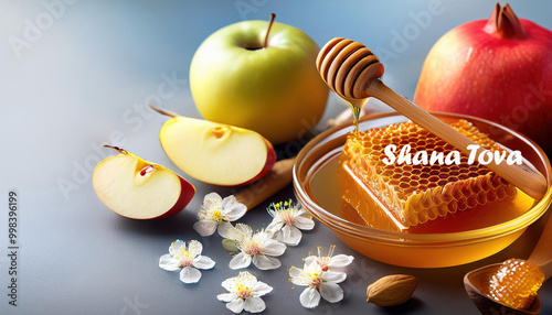 Generated imageRosh Hashanah greeting featuring honey jars, apples, and flowers symbolizing sweetness and blessings for the Jewish New Year.
 photo