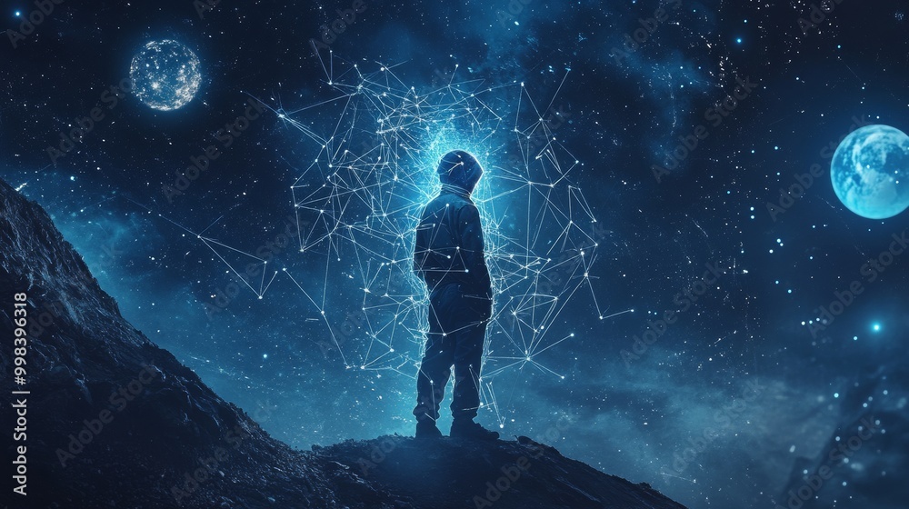 Abstract image of a welder in a starry sky, composed of points, lines, and shapes like planets and stars, symbolizing welding work. Abstract image of a welder in a starry sky, composed of points, lines, and shapes like planets and stars, symbolizing welding work.