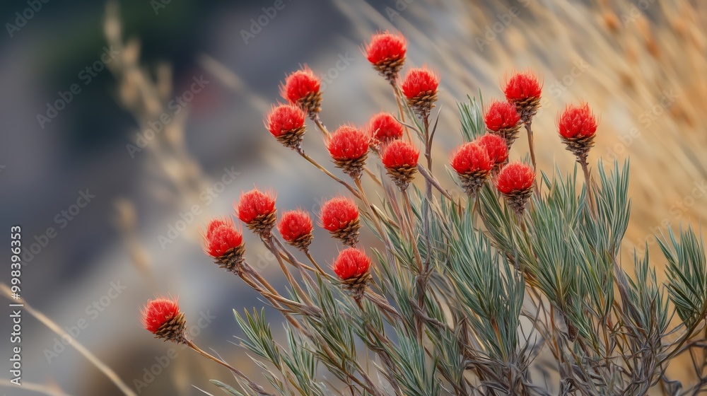 Fototapeta premium Vibrant red flowers bloom atop rugged terrain in a mountainous landscape during the golden hour of sunset